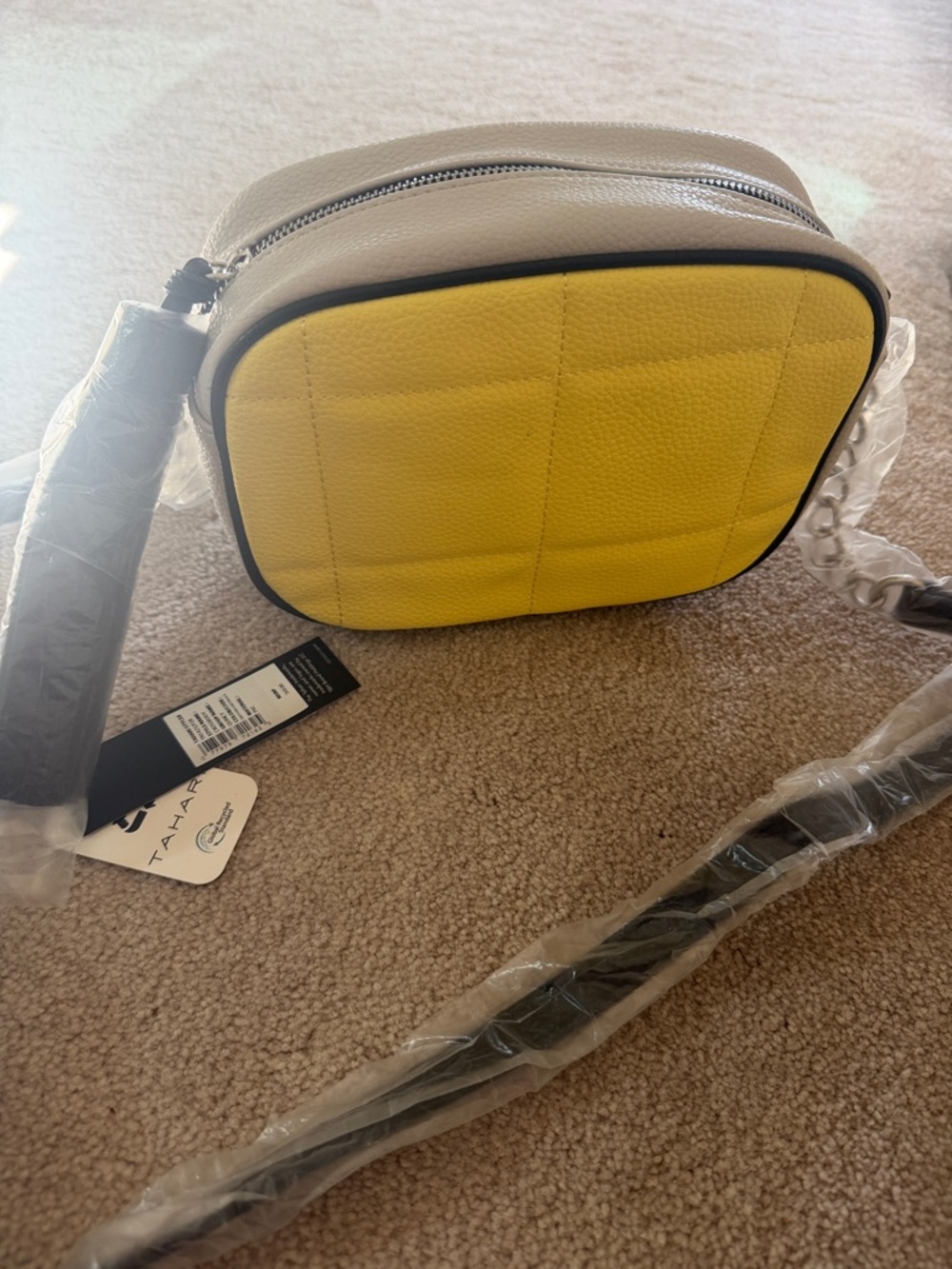 Tahari Yellow and Cream Pebbled veganLeather Crossbody with Black Trim Accents